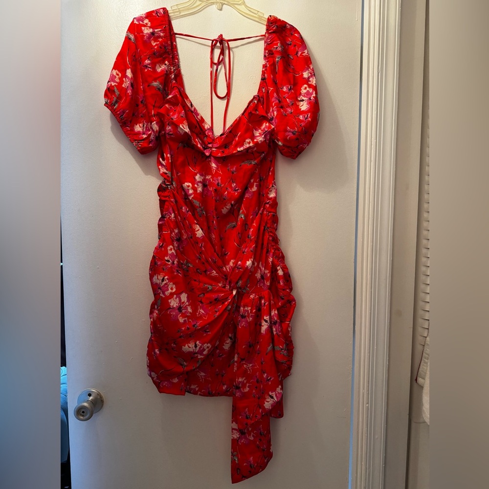 Red Floral Tie-Back Puff Sleeve Dress